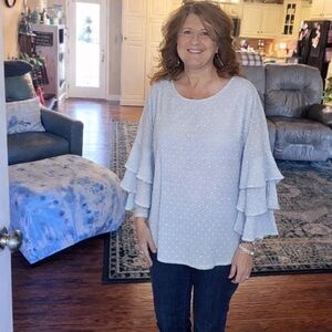 JODIFL Light Blue Textured Blouse with Ruffle Sleeves. Swiss Dot